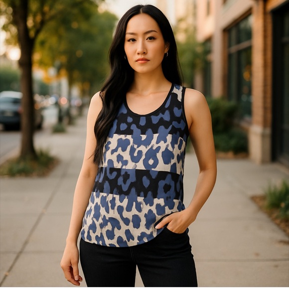 DEREK LAM LUX DESIGNER SILK TANK STRIPED CAMO FLOWY, COMFY, STRETCH ATHLEISURE - Picture 1 of 11